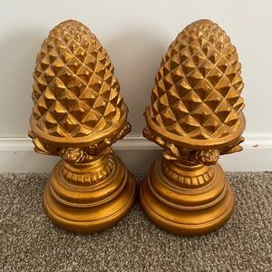 Elegant Vintage Gold Pinecone Finial Book Ends Set of 2  Maximalism /Regency